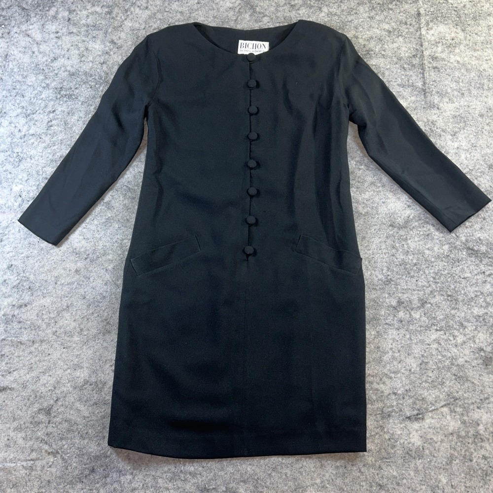 Vintage Bichon by Sara Edwards Dress Women's 10 Black Button Front Sheath Formal